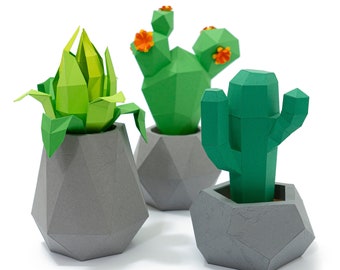 Concrete planters with cactuses and plant – DIY Papercraft, lowpoly, origami, flowers, plants, paper sculptures, pentagonal, geometric