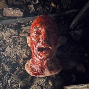 Cabeça humana decepada realista feita de silicone com cabelo, olhos, dentes, adereço de terror, Halloween, sangue, filme sangrento, esmagado, demolição, medo, assustador