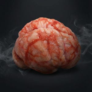 Op de afbeelding: Een levensecht siliconen brein, realistisch gekleurd in roze en rood, met zichtbare aderen. De tekst "Lifelike Silicone Brain" staat boven het brein tegen een donkere achtergrond met rook. Medisch of educatief object.
