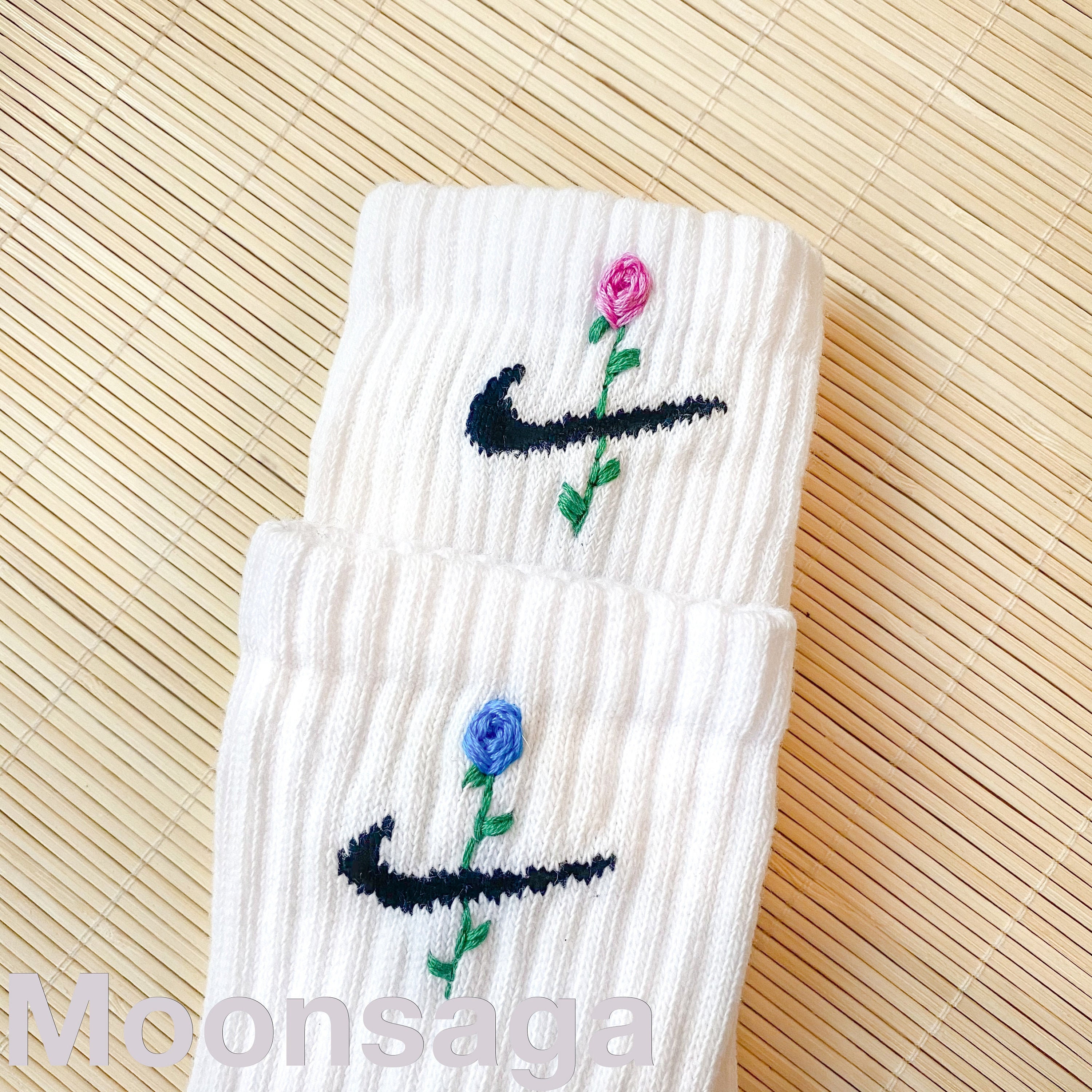 Hand Embroidered Pink/blue Rose Nike Sockscustomized | Etsy