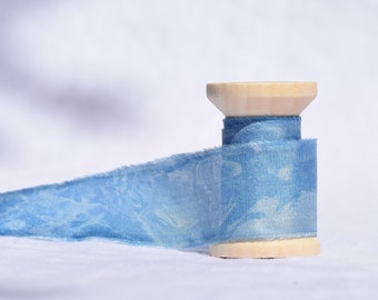 LAKE Plant-Dyed Silk Ribbon, 2 Yards of 100% Silk Habotai Ribbon Hand-Dyed a Marbled Indigo Blue with Raw Frayed Edges on a Wooden Spool
