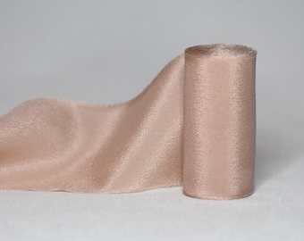 ROSY Plant-Dyed Silk Ribbon / 3 Yards of 100% Silk Crepe Ribbon Hand-Dyed a Blush Pink with Raw Frayed Edges on a Wooden Spool