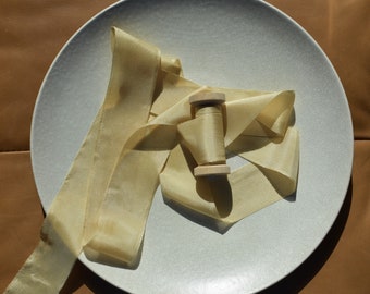 Plant-Dyed Silk Ribbon: 3 Yards Sandy Beige Silk with Frayed Edges