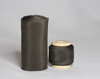 Charcoal Gray Silk Ribbon: 3 Yards Plant-Dyed Crepe with Frayed Edge