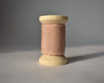 DAWN Plant-Dyed Silk Ribbon / 3 Yards of 100% Silk Habotai Ribbon Hand-Dyed a Soft Pink with Raw Frayed Edges on a Wooden Spool