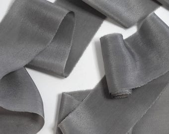Stormcloud Gray Silk Ribbon: 3 Yards Plant-Dyed Silk with Frayed Edge
