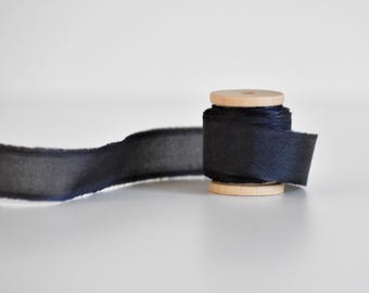 Plant-Dyed Navy Silk Ribbon: 3 Yards Habotai Silk with Frayed Edge