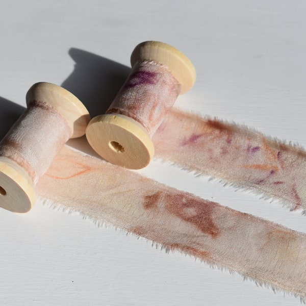 Sunset Plant-Dyed Silk Ribbon in Warm Tones: 3 Yards Bundle-Dyed Silk with Frayed Edges