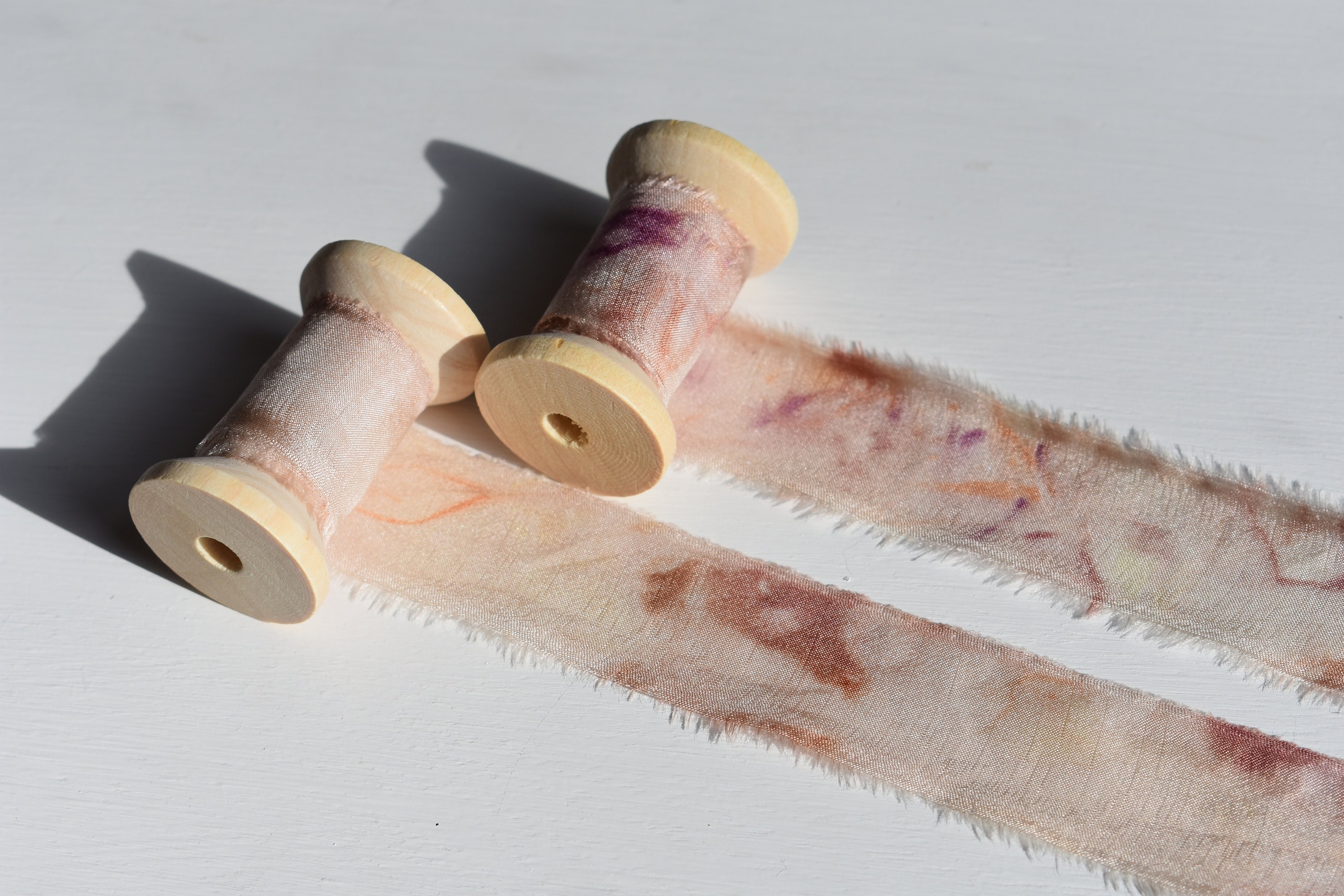 SUNSET Bundle-Dyed Silk Ribbon / 3 yards of 100% Silk Habotai Ribbon Plant-Dyed in Warm Tones with Raw Frayed Edges on a Wooden Spool