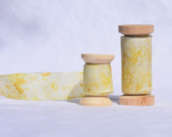 Golden Speckle Silk Ribbon / 3 Yards of 100% Silk Habotai Ribbon Plant-Dyed in Yellow Flecks with Raw Frayed Edges on a Wooden Spool