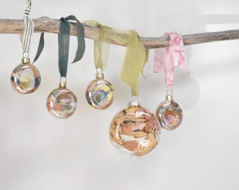 Plant-Dyed Silk Scrap Ornament: Upcycled Glass Orb Christmas Decor