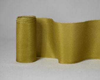 MOSS Green Plant-Dyed Silk Ribbon / 3 yards of 100% Silk Crepe Ribbon Hand-Dyed with Raw Frayed Edges on a Wooden Spool