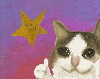 Crying Thumbs up Cat Gold Star Good Job Meme Painting - Etsy