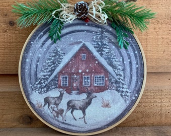 Deer Winter Scene Embroidery Hoop | Christmas Hanger | Winter Hanger | Christmas Decor | Winter Decor  Embroidery Hoop Hanger