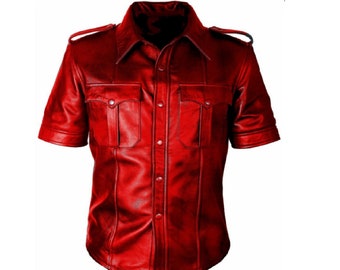 Men Hand Made Genuine Cow Leather Shirt Red Leather Shirt  Party Costume Casual Shirt Real Cow  Leather Party Shirt