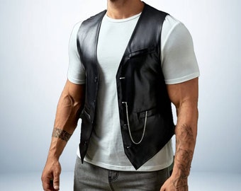 Gilet en cuir de vache noir fait à la main pour homme – Le parfait costume de motard et chemise décontractée en cuir de vache.