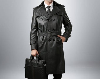 Trench-Coat en cuir noir pleine longueur véritable cuir de vache noir fait à la main Long Trench-Coat fabriqué à la main Long Duster et manteau Steampunk