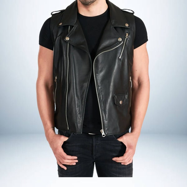 Genuine Cow Leather Vest Black Leather Vest Men Hand Made Biker Costume Casual Shirt Real Cow  Leather Motor Cycle Vest