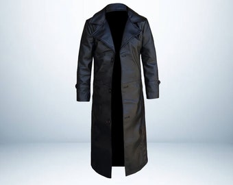 Herren Schwarz Leder Winter Trenchcoat Gothic Mäntel Handgefertigter Langer Trenchcoat Handgefertigter Langer Duster und Steampunk Mantel