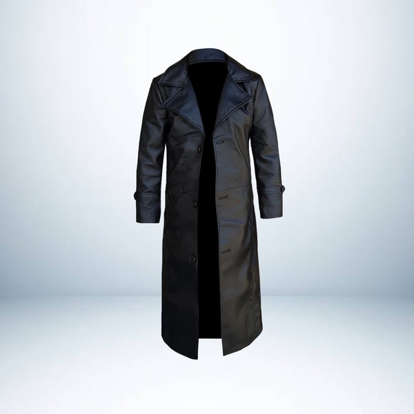 Męskie czarne skórzane zimowe trencze Gotyckie płaszcze Ręcznie robiony długi trencz Ręcznie robiony długi prochowiec i płaszcz steampunkowy