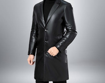 Men Genuine Black Cow Leather Hand Made Long Trench Coat Hand Crafted Long Duster and  Steampunk Coat