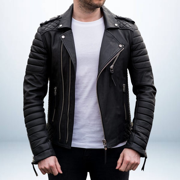 Veste en cuir véritable pour homme Black Sheep Veste en peau de mouton faite à la main Veste d'hiver noire fabriquée à la main