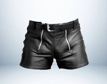 Men's 100% Genuine Leather Shorts With Double Zipper - Expertly crafted leather shorts designed for LGBTQ Pride Walk events and costumes.