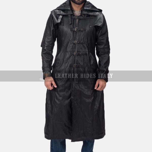 Mannen echte zwarte koe lederen handgemaakte lange trenchcoat handgemaakte lange Duster en Steampunk jas