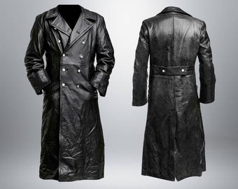 Nouveau design en cuir trench-coat pour hommes en peau de vache souple hiver sur manteau en cuir noir manteau gothique manteaux à la main long trench-coat long plumeau