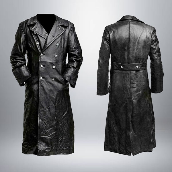 Nouveau design en cuir trench-coat pour hommes en peau de vache souple hiver sur manteau en cuir noir manteau gothique manteaux à la main long trench-coat long plumeau