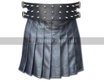 HandMade Mens Genuine Cow Leather Kilt- HandCrafted Metal Spikes Leather Kilt Costume