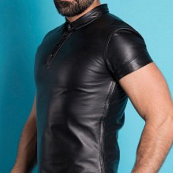 Hommes Fait à la main Cuir de vache véritable Noir Demi-manche Cuir Chemise Biker Costume Casual Shirt Real Cow Leather Motor Cycle Shirt