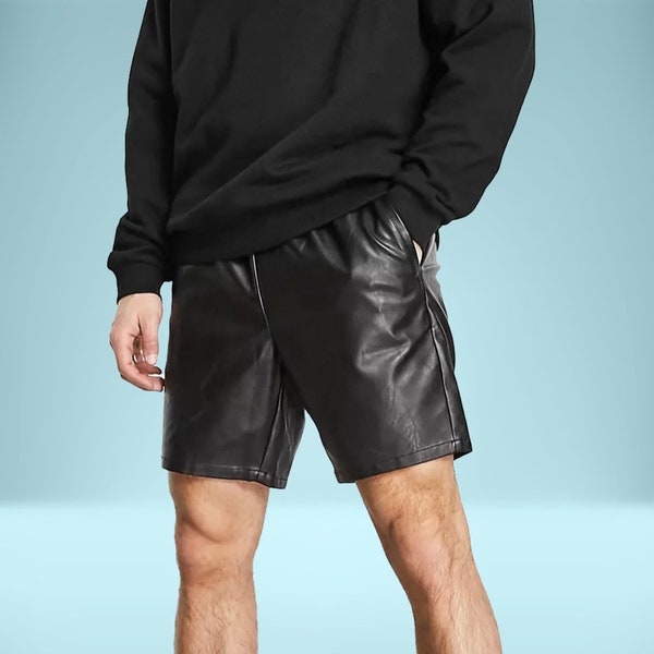 Short en cuir de vachette noir classique très lisse court Short mince mi-longueur doux de haute qualité fait à la main en cuir véritable cadeau pour lui