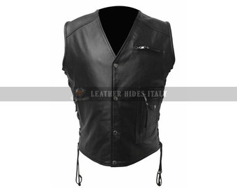 Leather Men's Vest Real Cow Leather Vest Hand Made Biker Vest Waistcoat Street-Wear Vest