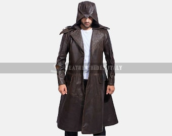 Men Genuine Brown Cow Leather Hand Made Long Trench Coat Hand Crafted Long Duster and  Steampunk Coat