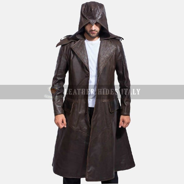 Trench long fait main en cuir de vachette marron véritable pour homme, long manteau fait main et manteau steampunk