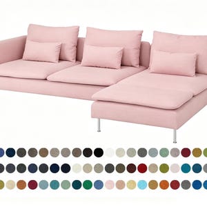 May include: A light pink sectional sofa with a chaise lounge, featuring three large back cushions, three smaller rectangular accent pillows, and thin silver metal legs. Below the sofa is a grid of many small circular fabric colour swatches.