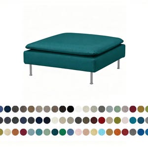 May include: A square teal ottoman with a thick, cushioned top and four slender, metallic silver legs. Below the ottoman, a grid of numerous small, circular fabric swatches displays a wide variety of available colours and textures for the piece.