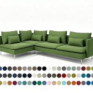 May include: A green L-shaped sectional sofa with a chaise lounge, featuring multiple back cushions and smaller rectangular throw pillows. The sofa is supported by thin, silver-colored metal legs and is displayed with a grid of many color swatches.