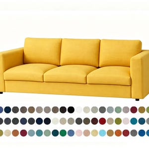 May include: A three-seat sofa upholstered in bright yellow fabric with straight armrests and three back cushions. Below the sofa, a grid of numerous small circular swatches displays a wide variety of available solid fabric color options.