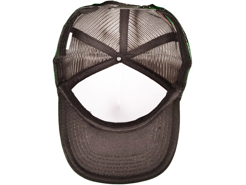 May include: Black mesh trucker hat with a black brim and a white interior. The hat has a green and black trim around the mesh panel.