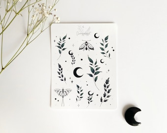 Leaves and Moths Stickersheet | Green Branches Stickers | Green Florals | Lunar Moth Stickers | Moon Stickers | Star Stickers | Witchy Vibes