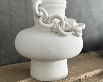 Artisan Ceramic Vase with Chain Detail, Modern Home Decor