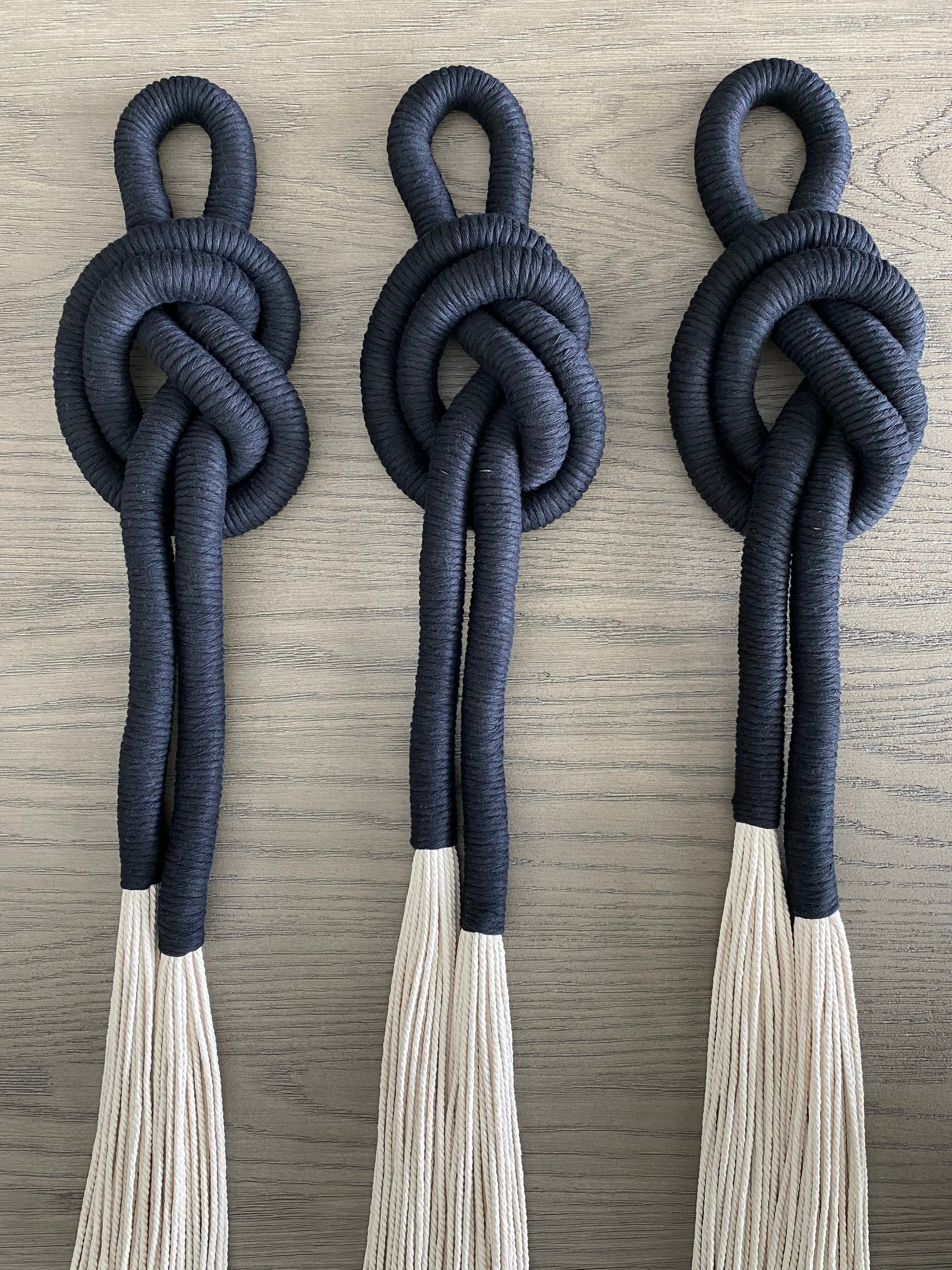 Set of 3 Black Knotted Macrame Wall Hangings: Boho Decor