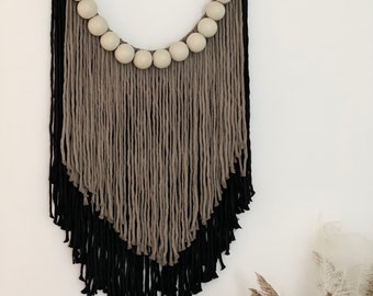 Macrame Wall Hanging: Taupe & Black Fiber Art with Ceramic Beads