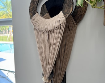 Antique Brass Finish Macrame Wall Hanging: Fiber Art Sculpture
