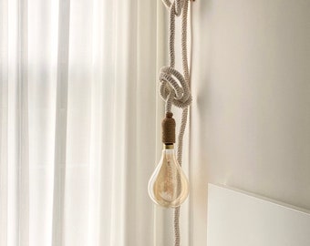 Macrame Plug-in Pendant Light: Handwoven Cotton Rope, Vintage Decor (15ft)