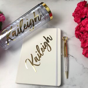 Custom White Notebook and Ink Pen Set with 18 oz Tumbler Combo, Bridesmaid Proposal Gift, Personalized A5 Journal Notebook, Journal Gift Set