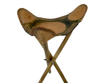 Vtg Leather Tripod Folding Saddle Seat Stool Chair Aztec Mayan Bamboo Legs 21” H