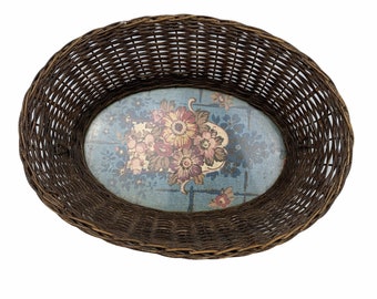 Vintage Rattan Weave Basket with Floral Fifties Era Style Print Floor Wood Base 12-3/4” x 9-3/4”
